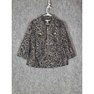 Peter Nygard Womens Black Gold Swirl Print Zip Front Jacket Size 16 Work Office